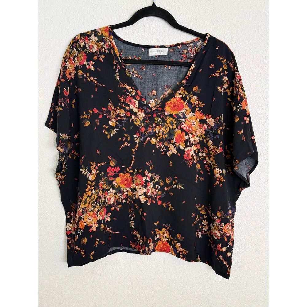 Natural Life Women Black Floral V-Neck Short Sleeve Boxy Boho Blouse Large